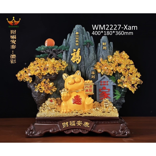Mèo thần tài cây thạch anh mạnh tài lộc 